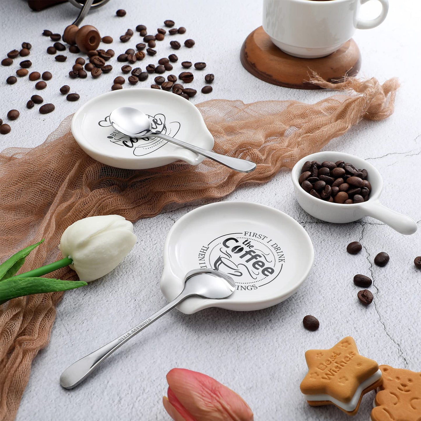 Gandeer 4 Pieces Coffee Spoon Rest and Teaspoon Funny Quote Ceramic Spoon Holder Rests for Station Decor Stove Top Countertop Kitchen Accessories Nice Present for Coffee Lovers
