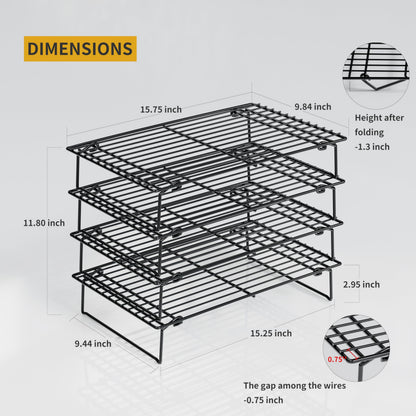 4PCS Cooling Racks for Cooking and Baking, Collapsible 4 Tiers 10"X16" Cool Batches of Cookies, Non-Stick & BPA-Free, Oven and Dishwasher Safe (Black-202)