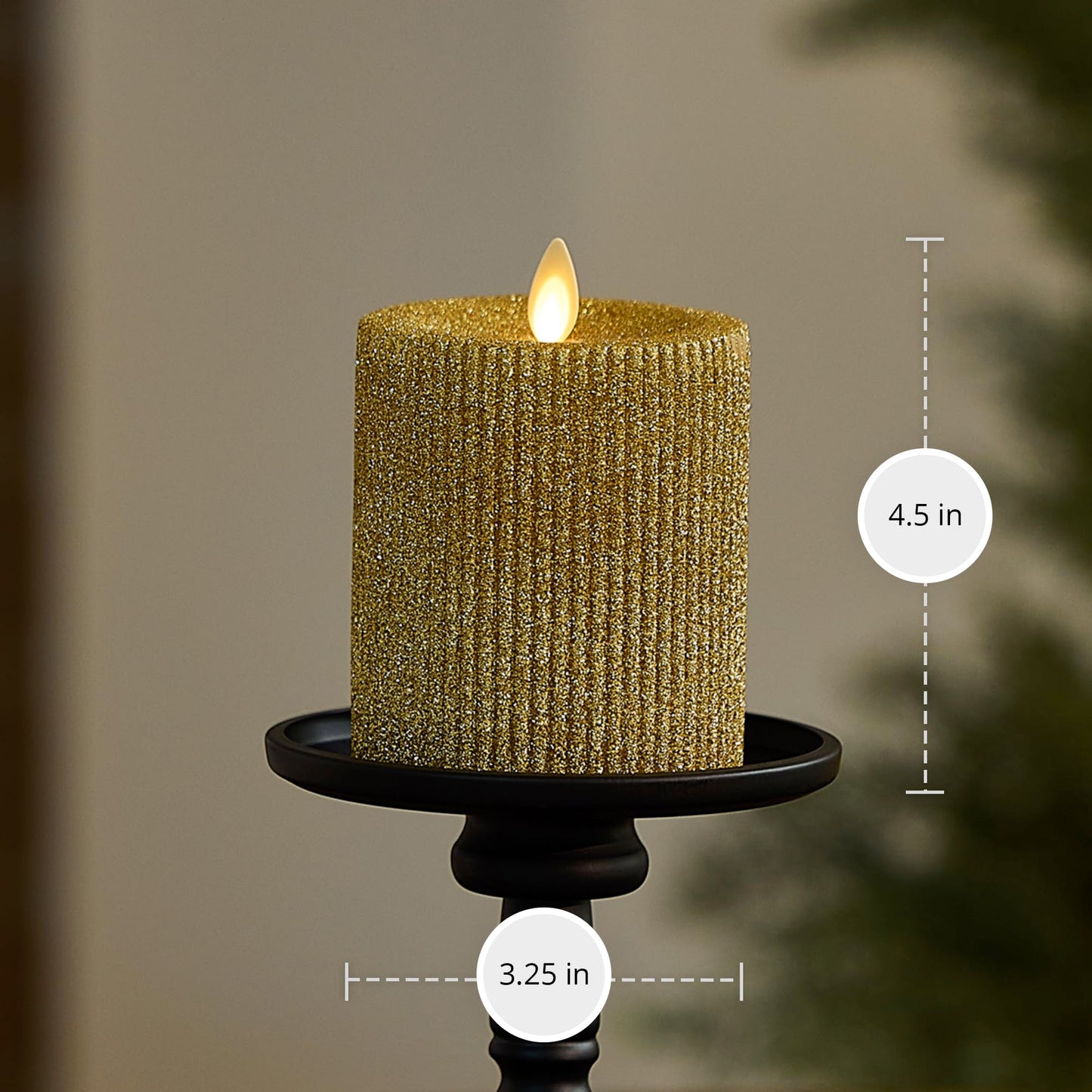 Luminara Rich Gold Glitter Ribbed Flameless LED Candle Moving Flame Pillar, Real Wax, Flat Top, Timer (3.25" x 4.5")