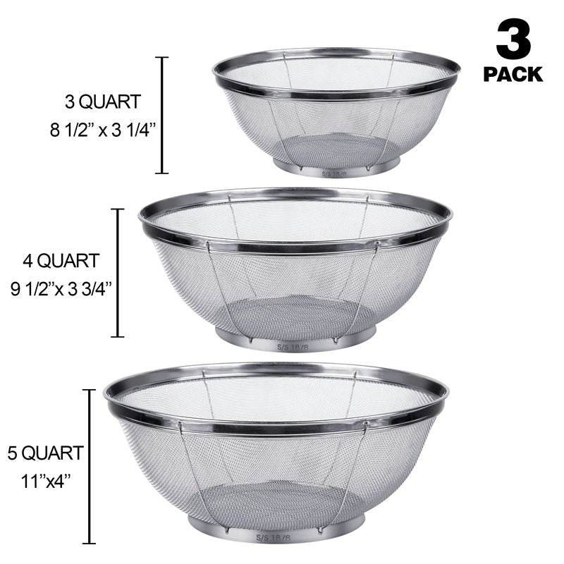 3 Pack Strainers for Kitchen, 18/8 Stainless Steel Colander, Fine Mesh Strainer for Pasta, Rice and Fruit, Sieve for Strain, Drain, Rinse or Steam (5-Quart, 4-Quart and 3-Quart)