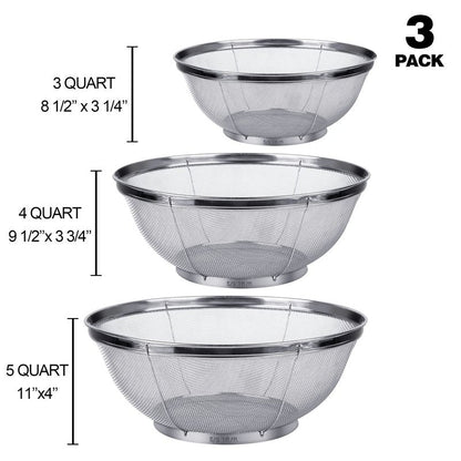 3 Pack Strainers for Kitchen, 18/8 Stainless Steel Colander, Fine Mesh Strainer for Pasta, Rice and Fruit, Sieve for Strain, Drain, Rinse or Steam (5-Quart, 4-Quart and 3-Quart)