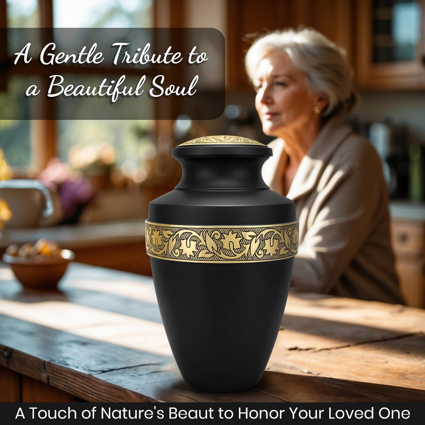 Set of 6 Black & Gold Decorative Cremation Urns for Ashes Adult Male & Female Includes 1 Large Black Urn with 4 Small Keepsakes & 1 NecklaceUrn for Human Ashes