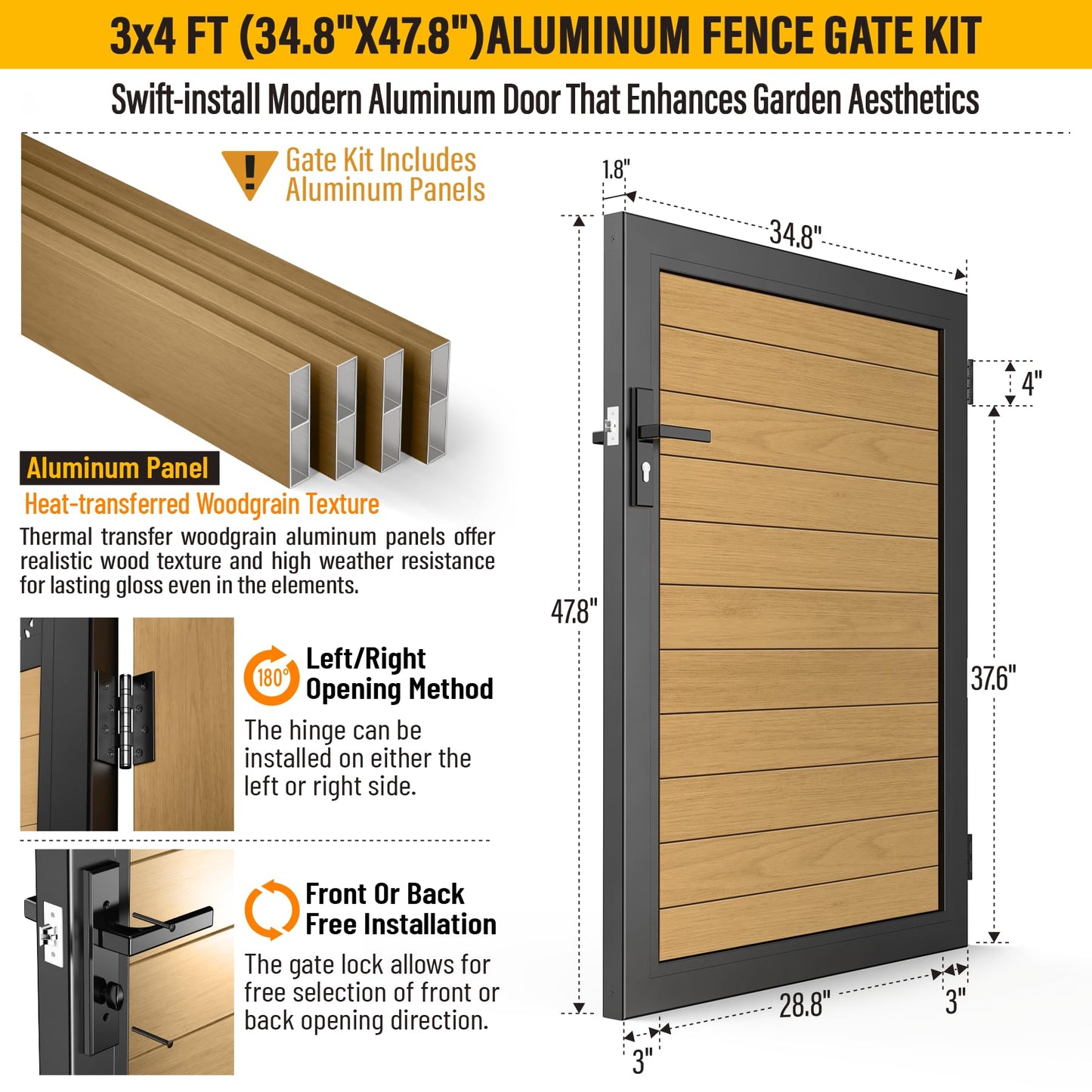 Brukid 3x4 FT Aluminum Fence Gate Kit Wood Grain Aluminum Gate with Decorative Cutout, Lock & Hinges, Left/Right Opening, Weather Resistant for Yard Garden Patio
