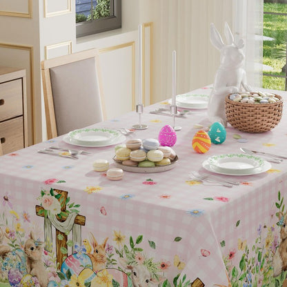 XCHI Plaid Bunny Lamb Eggs Chick Cross Flowers Rabbit Easter Tablecloth Rectangle Table Cloth Washable Table Covers for Indoor Dining Home Party Decorations 60x84 Inch