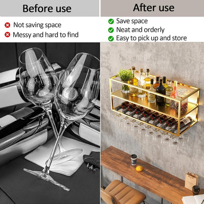 AKOGG Modern Wine Rack Wall Mounted with Glass Holder,Metal Liquor Shelf, Floating Bar Shelves,Liquor Bottle Display Shelf,Hanging Large Capacity Wine Storage Racks for Home Kitchen Dining Room