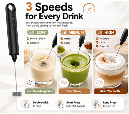 Rechargeable Milk Frother Handheld 3 Speed Coffee Foamer [3 Whisk] Electric Drink Mixer for Latte, Cappuccino, Coffee, Eggs, Hot Chocolate, Protein Black