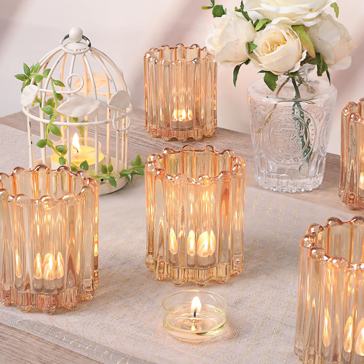 HAVITI Glass Gold Votive Candle Holder, Ribbed Votive Candle Holders Set of 12, Tealight Candle Holder for Wedding Centerpieces Dinner Party Table Decor