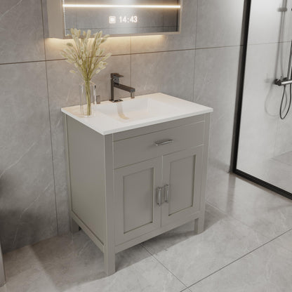 30" Light Grey Bathroom Vanity Base Only – Freestanding Solid Wood Sink Cabinet with Tip-Out Drawer, Shaker Style Storage, No Top or Sink, 30" W x 21" D x 34.5" H