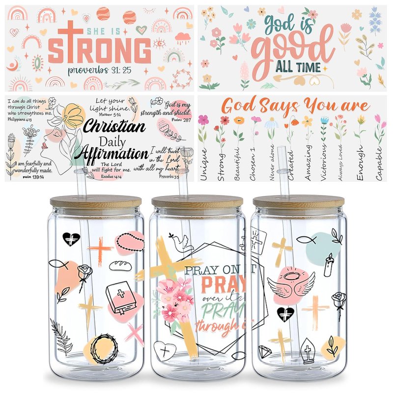 21pcs Cartoon Religious UV DTF Transfer Stickers for Glass Cups, Waterproof Decals, Plastic Self-Adhesive Labels for Bottles and Cups Decoration (Style1-21-Sheet)