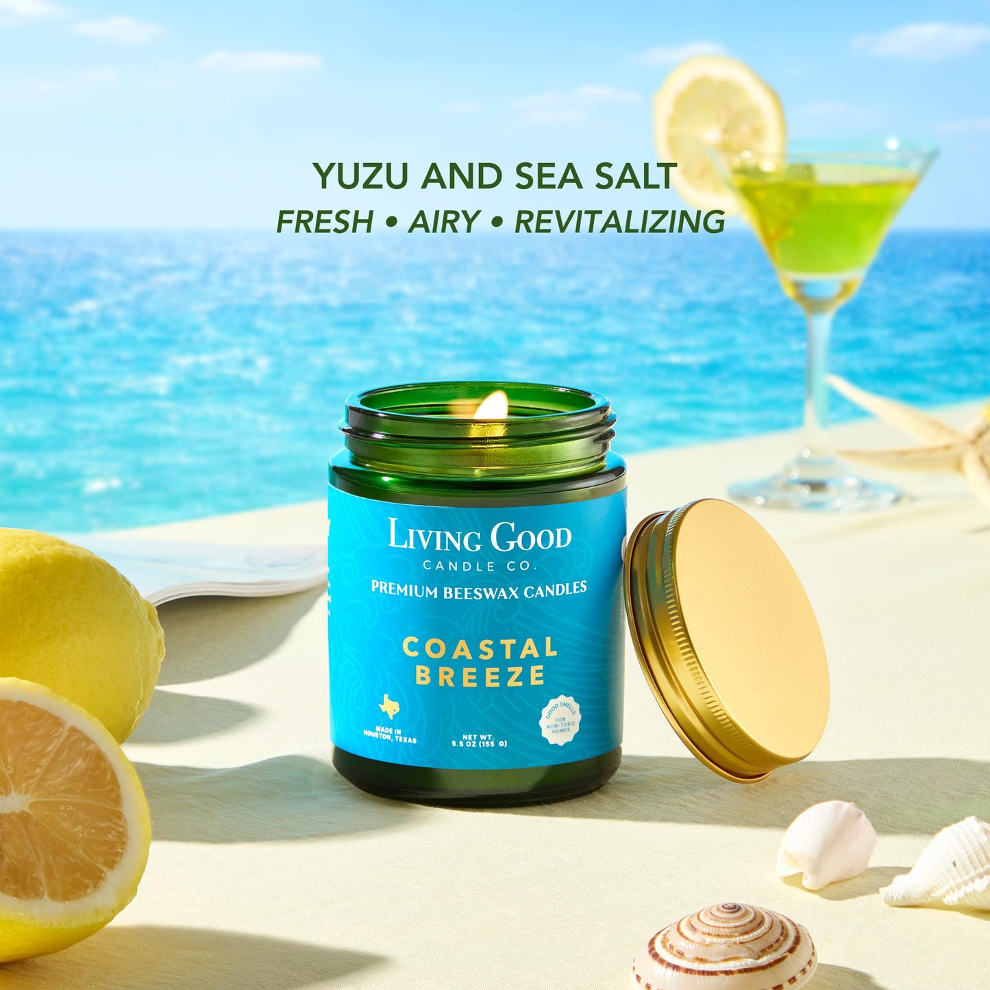 Coastal Breeze – Yuzu & Sea Salt Beeswax Candle, Non Toxic Scented Candle, Clean Burning Ocean & Beach Candle, Fresh Airy Summer Candle for Home, Gift for Women & Men - 5.5 OZ