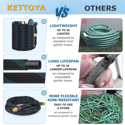 KETTOYA Non-Expanding Garden Hose 100 ft, Kink Free Flexible Water Hose with 10-Pattern Spray Nozzle, Lightweight Hose Pipe, Leak Proof, 3/4" Swivel Connectors, Super Fabric, Portable Storage Strap