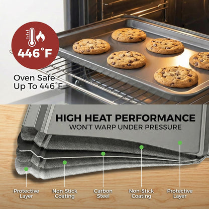PERLLI Non-Stick Baking Pan Set - 3-Piece Carbon Steel with Even Heat Distribution | Oven Safe to 446°F, BPA-Free, Dishwasher Safe, Stackable - Gray
