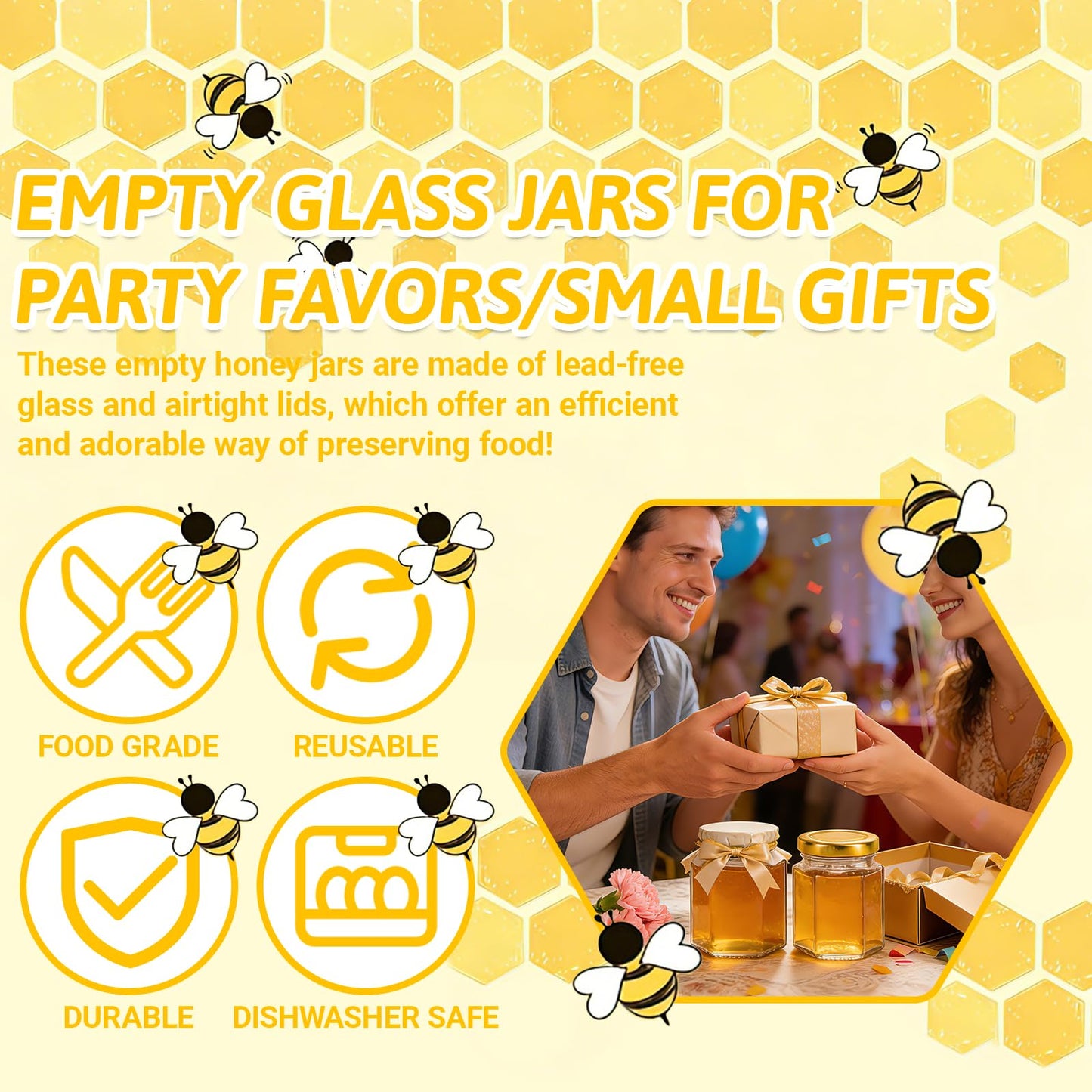 Haneye 3 oz Hexagon Glass Jars with Gold Lids, 30 Pack Honey Jars Canning Jars Small Spice Jars for Jelly, Herb, Jams, Candy, Wedding Favors, Includes Labels and Pen