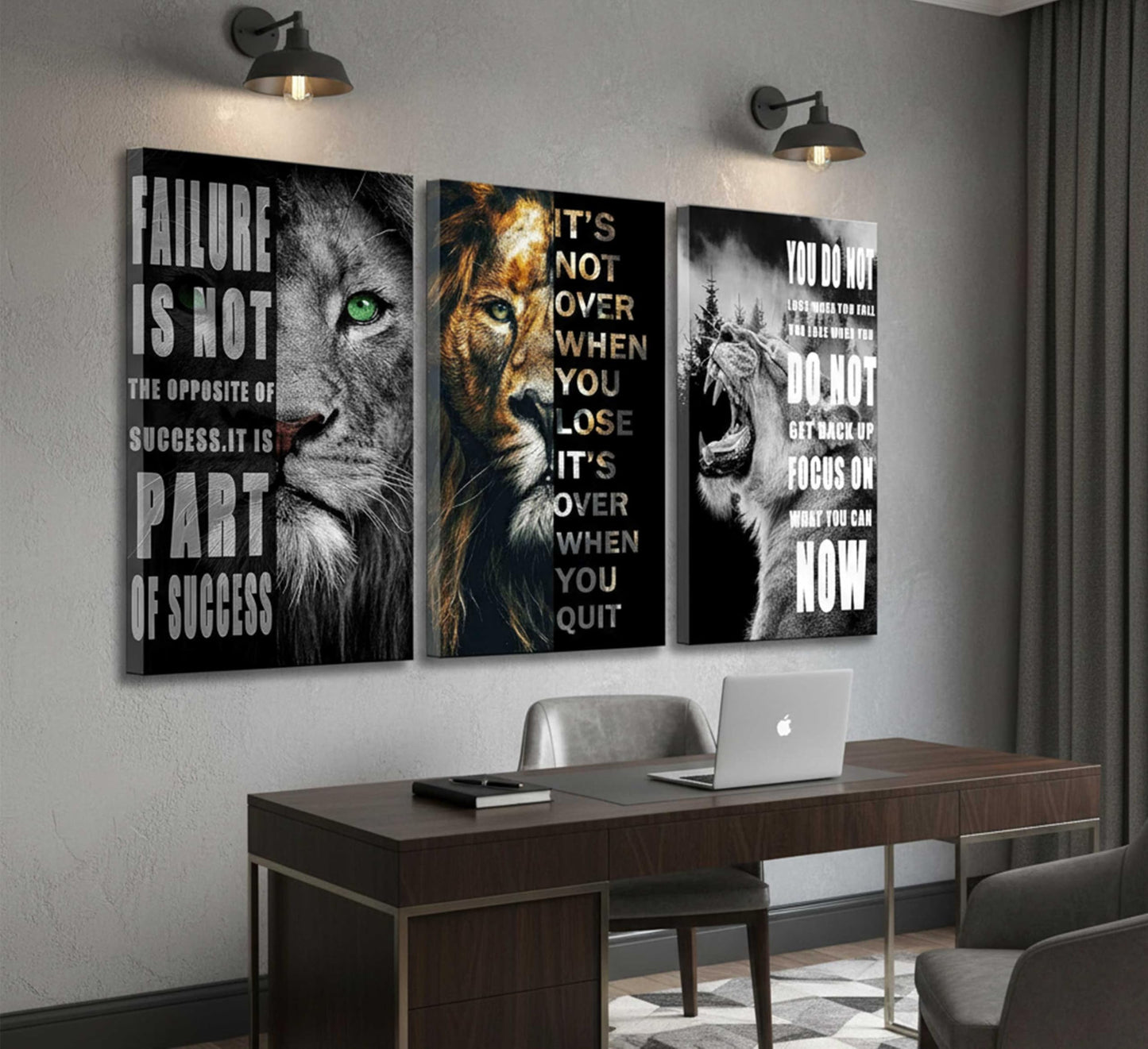 3 Pieces Office Inspirational Canvas Wall Art Modern Motivational Quotes Black And White Lion Pictures Wall Decor Inspiring Poster Print Artwork for Living room Man Room Bedroom Home Decoration