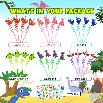FZR Legend 24 Reusable Dinosaur Drinking Plastic Straws + 6 Dinosaur Temporary Tattoos for Kids Girls Boys | Dinosaur Birthday Party Supplies Three Rex Party Favors Decorations with Cleaning Brush