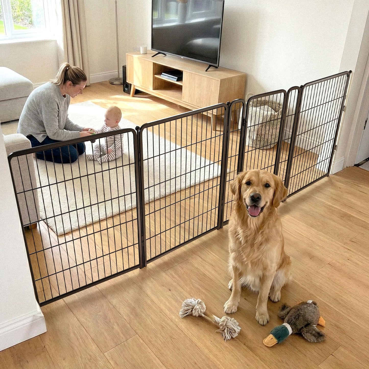 FXW Dog Gate Extra Wide Designed for Indoor Use, Adjustable Width Up to 111-inch Wide (40" H 4 Wire Panels for Medium and Large Dogs), Black