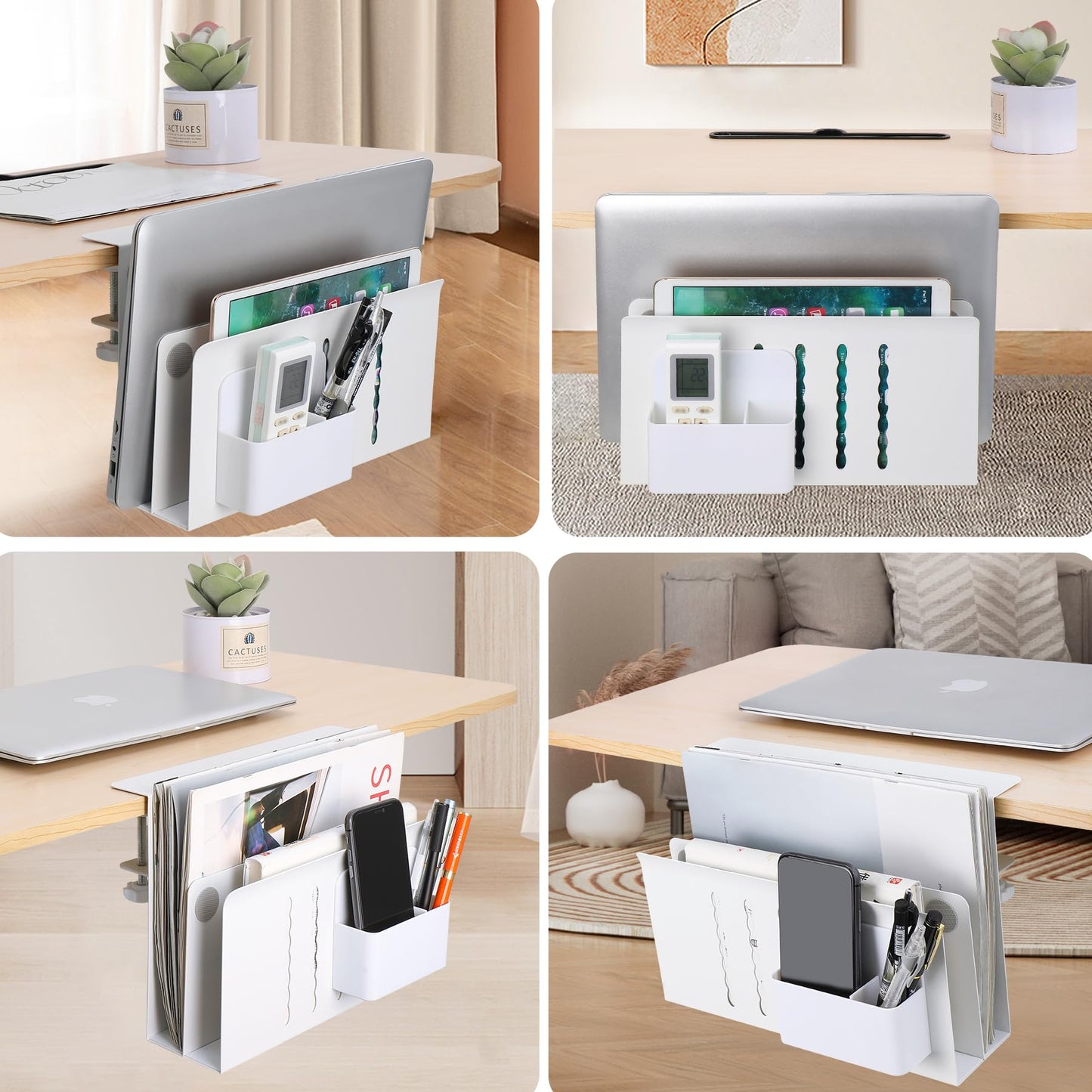 Desk Side Storage Under Desk Laptop Holder, No Drill Hanging Desk Organizer with Pen Holder, Clamp-On Table Side Tray Desktop Organization Mount for Office and Home (White)