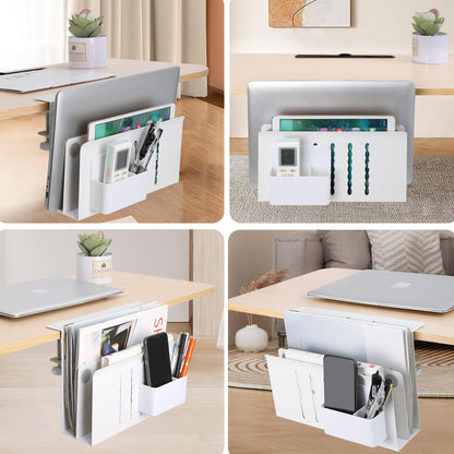 Desk Side Storage Under Desk Laptop Holder, No Drill Hanging Desk Organizer with Pen Holder, Clamp-On Table Side Tray Desktop Organization Mount for Office and Home (White)