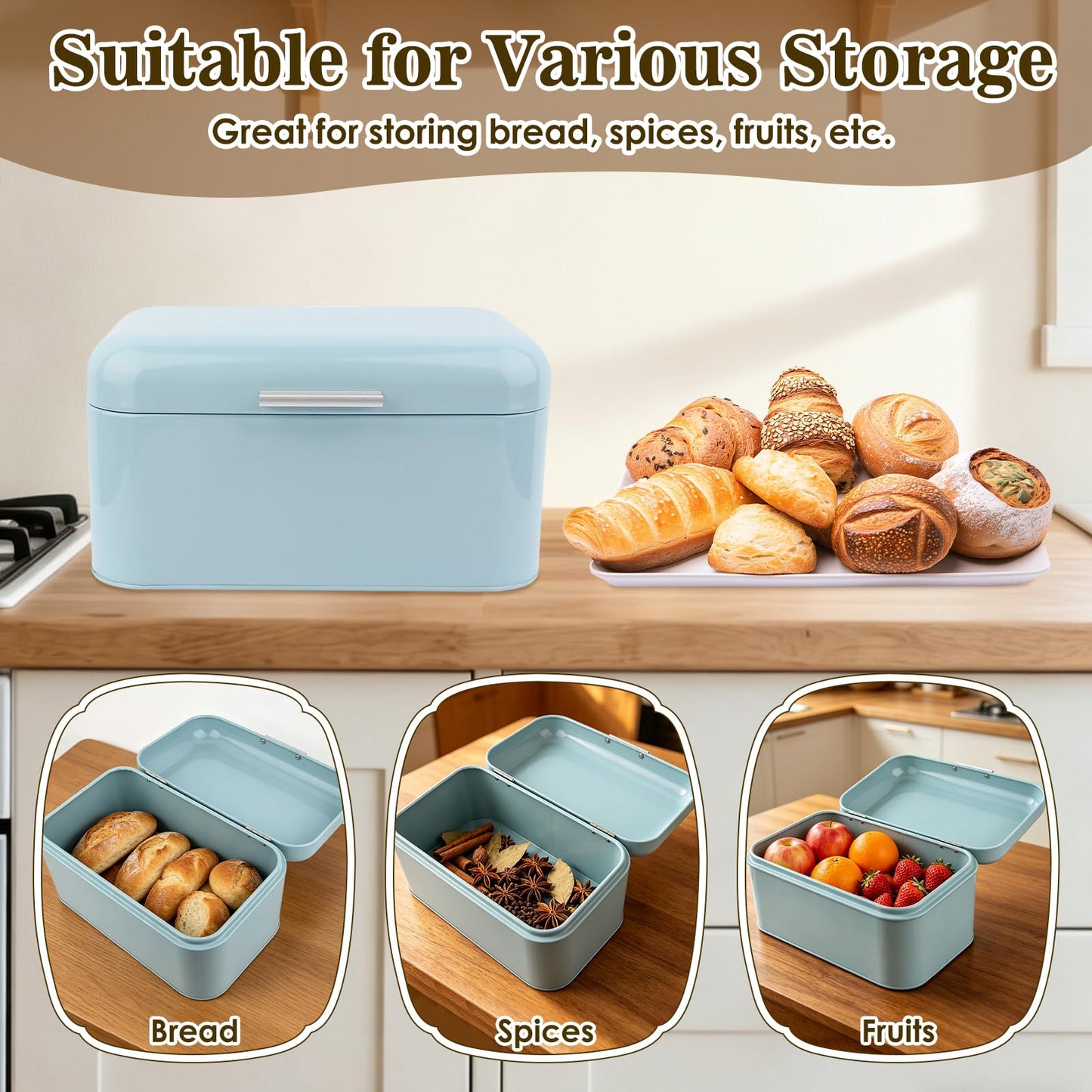 Buachois Large Bread Box,Iron Bread Box with Lid,Metal Bread Storage Bin,Bread Keeper Container,Bread Containers Storage,Modern Solid Color Retro Style,for Kitchen Counter (B)
