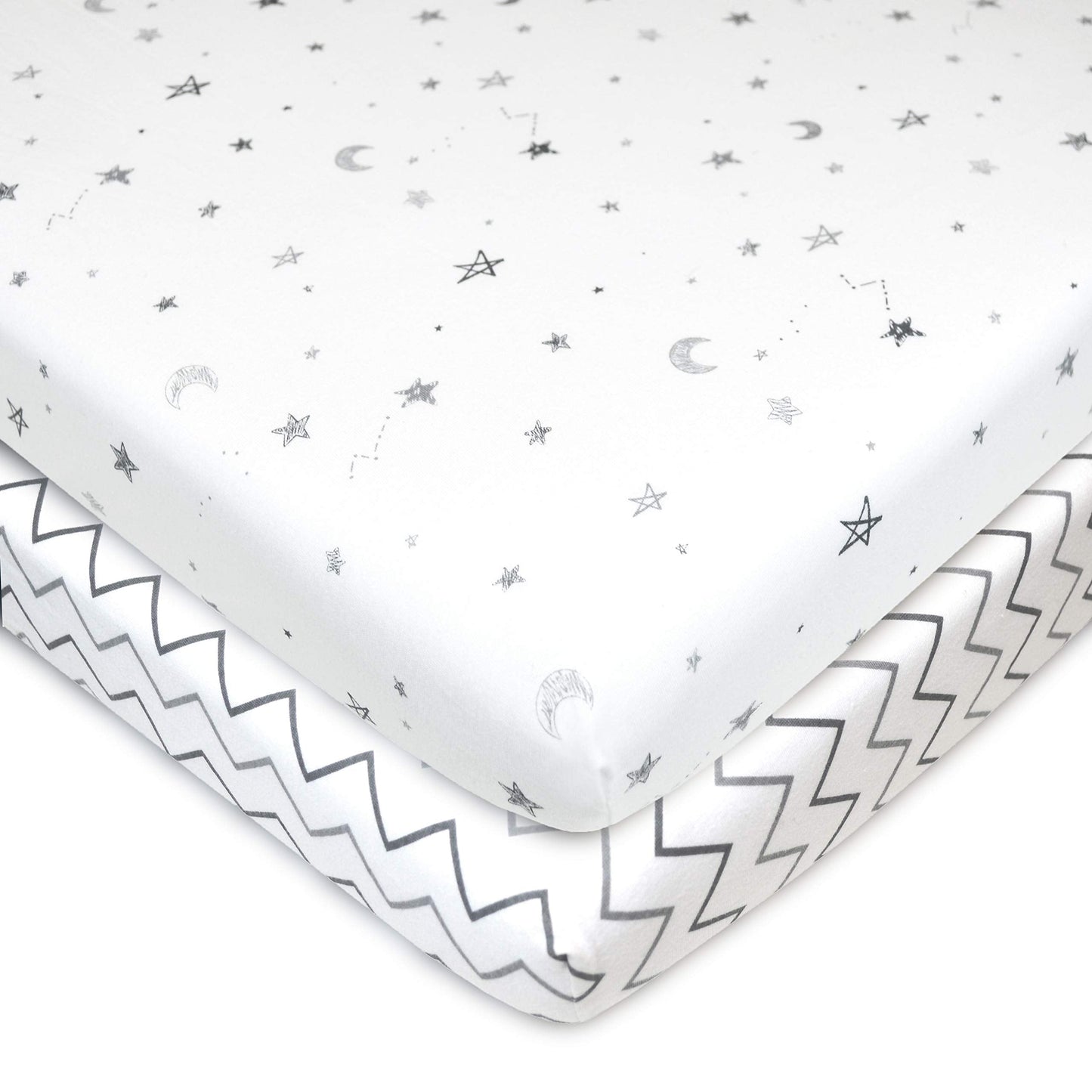 TL Care 2 Pack 100% Natural Cotton Fitted Pack and Play Sheets 39" x 27" - Soft & Breathable Pack N Play Sheets for Playard & Mini Crib Mattress, Gray Star/Gray Zigzag, for Boys & Girls