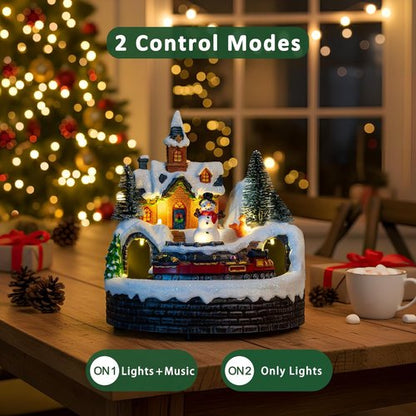 Candieslife Animated Musical Christmas Snowman Decoration - Rotating Train with Warm Lights | Festive Tabletop Ornament