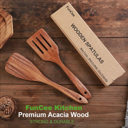2 Pack Wooden Spatula, Acacia Wood Long Handle Flat Frying Turner, Handmade wooden spoons for cooking, Kitchen Utensil set, Non-Stick Cooking Spurtle Utensils for kitchen use