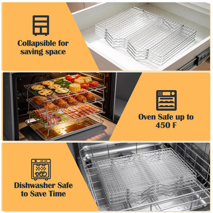 P&P CHEF Cooling & Baking Rack, 4-Tier Stainless Steel Stackable Grid Cooking Racks for Cooling Roasting Grilling, Collapsible & Heavy Duty, Oven & Dishwasher Safe, 15" x 10"