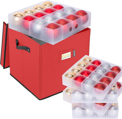 BALEINE Christmas Ornament Storage Box - Premium Holiday Container with Dividers for 64 Balls, Red