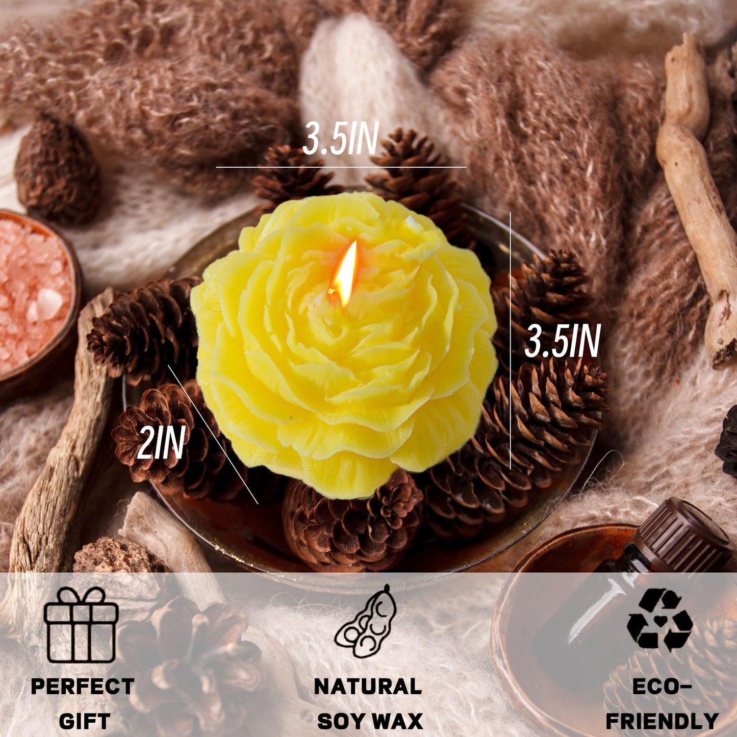 Peony Flower Shape Candles 1 Pack Soy Wax Decorative Candle for Bedroom Home Scented Candle Gift to Friends Family (Yellow)