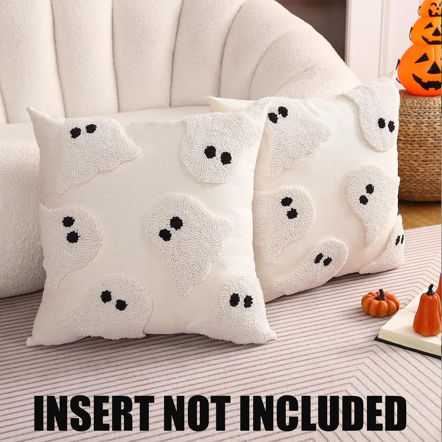 Tosleo Halloween Throw Pillow Covers 18x18 inch Set of 2 Halloween White Ghosts Embroidered Pillow Cases Thanksgiving Home Party Fall Decor Pillowcases Square Cushion Covers for Spooky Season