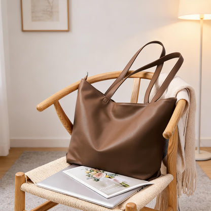 WLLWOO Soft Vegan Leather Tote Bag for Women Large Casual Hobo Handbags Zipper Shoulder Work Daily Weekender Travel Purse, Coffee