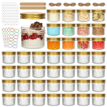EkkoVla 4 oz Small Glass Mason Jars with Gold Lids, 40 Pack Regular Mouth Mini Canning Jars for Jam, Jelly, Honey, Spice, Caviar, Body Butters, DIY Candle Making