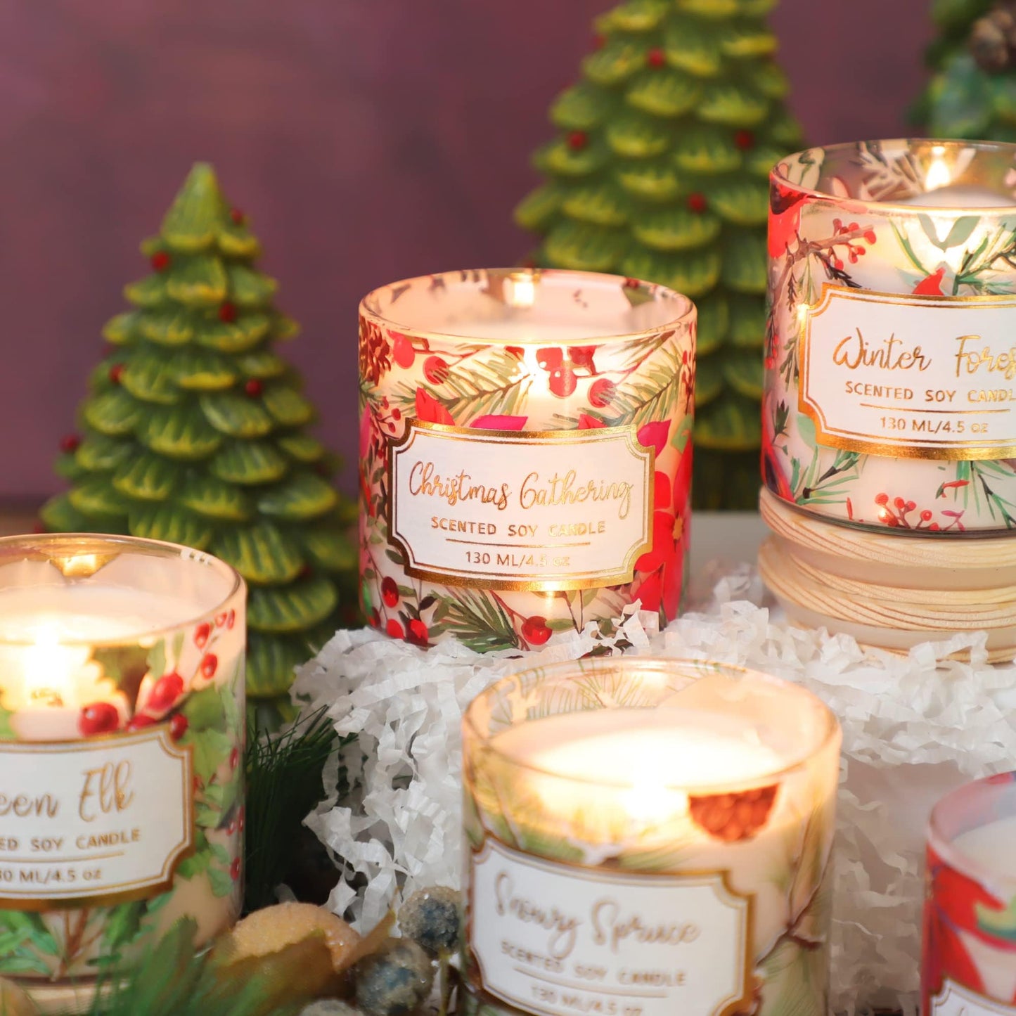 FLAVCHARM 6 Pack Christmas Scented Candles with Lid Soy Wax Strong Fragrance Different Scent Clean Burn Long Time Aromatherapy Glass Jar Candles for Home Scented Xmas Theme Decorations Gift Set
