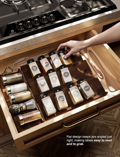 Tinamo Wood Spice Drawer Organizer - Acacia Wooden Tray Spice Racks Organizer for Cabinet Storage Shelf - 4 Tier Spice Rack for Drawer 32 Jars (Pack 4)