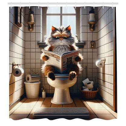 Ambesonne Funny Shower Curtain, Humorous Scene with a Cat Sitting on a Toilet and Reading Paper Print, Cloth Fabric Bathroom Decor Set with Hooks, 69" W x 70" L, Pale Cinnamon and Coconut
