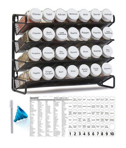 SpaceAid Spice Rack Organizer with 28 Spice Jars, 386 Spice Labels, Chalk Marker and Funnel Set for Cabinet, Countertop, Pantry, Cupboard or Door & Wall Mount - 28 Jars, 13.4" W × 10.8" H, Black
