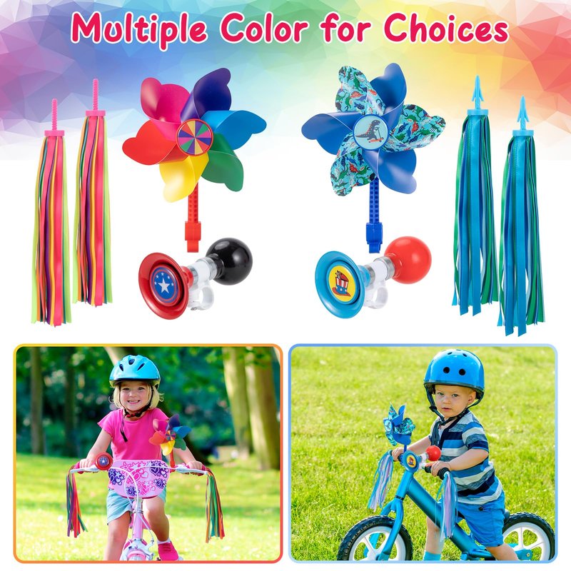 Kids Bike Horn Set, Children Bicycle Bell with 2 Pcs Bike Handle Streamers, and Windmill Kid Bike Accessories for Girls or Boy(Blue)