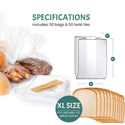 Reusable Plastic Bread Bags for Homemade 10x22"- Clear Bag with Ties For An Airtight Moisture-free Preservation and Storage- Loaf Home Bakers Bakery Owners (50)