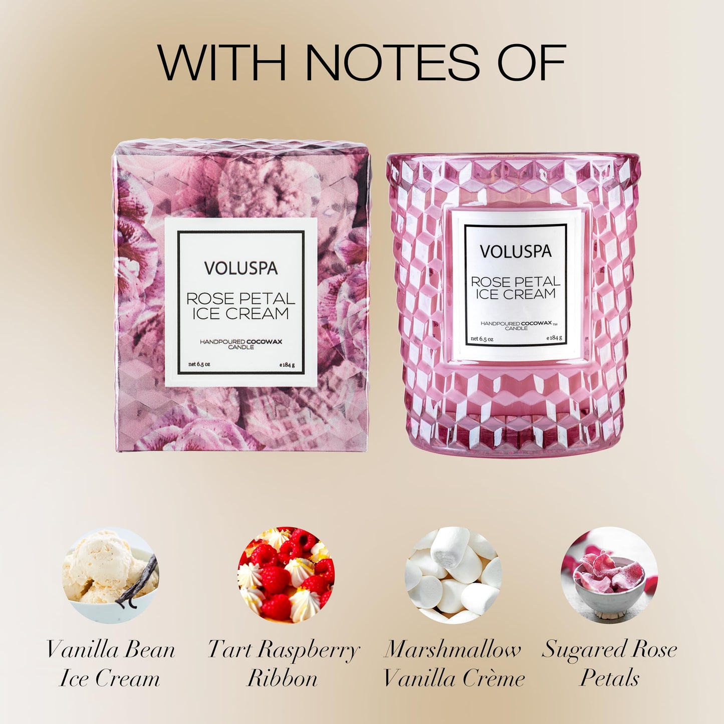 Voluspa Rose Petal Ice Cream, Classic Candle Jar, 6.5 Ounce, 40 Hour Burn Time, Coconut Wax for Clean Burning, Handcrafted in the USA