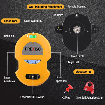 PREXISO Multi Surface Laser Level LED Light Vial, 30Ft Horizontal & Vertical Line Laser with Wall Mount Base, 2 Pins, 10 Sticker, 2 AA Batteries for Hanging Frames & Picture, Construction Wall Writing