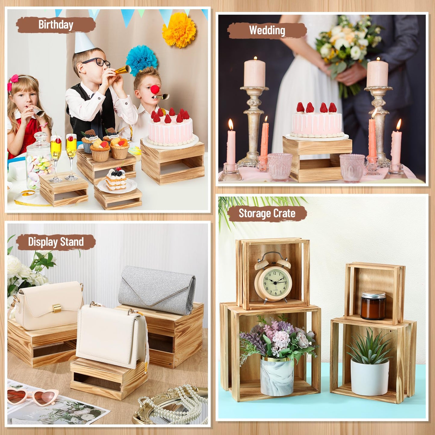 Lallisa 8 Pcs Buffet Risers with Mini Signs Bulk Wooden Food Risers for Buffet Table Rustic Wood Cake Stands Crate Dessert Display Stand with Hollow Bottoms for Wedding Birthday(Vintage Dark Brown)