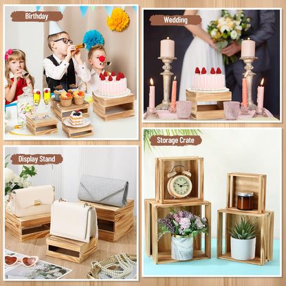 Lallisa 8 Pcs Buffet Risers with Mini Signs Bulk Wooden Food Risers for Buffet Table Rustic Wood Cake Stands Crate Dessert Display Stand with Hollow Bottoms for Wedding Birthday(Vintage Dark Brown)