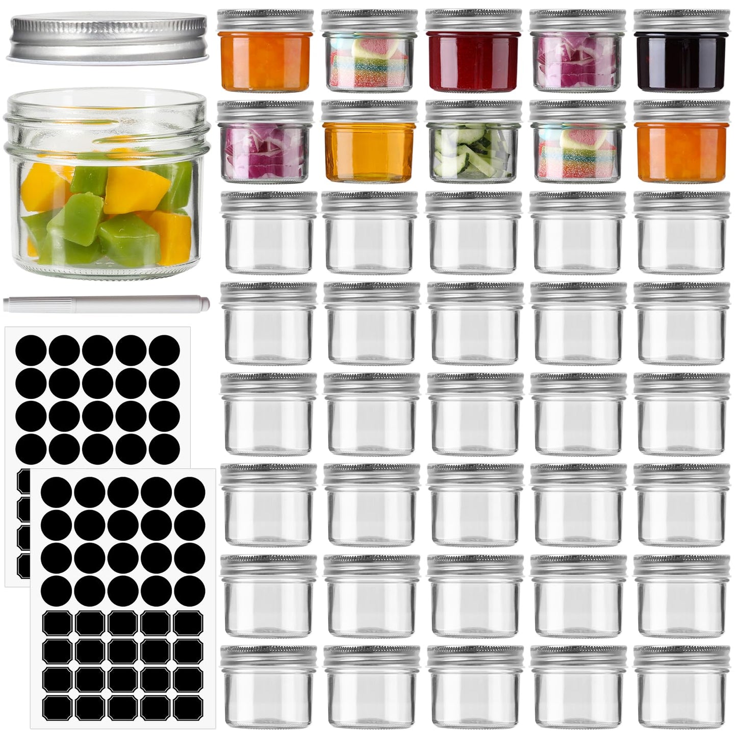 STARSIDE 40 Pack 4 oz Glass Mason jars With Regular Silver Lids, Perfect Small Canning Jars Containers for Jam, Honey, Candies,Wedding Favors, Decorations. Included 1 Pens and 80 Labels