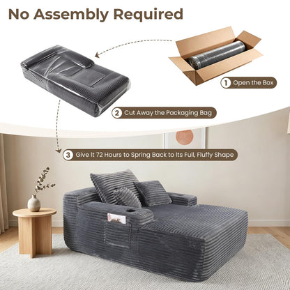 Yafylly 65" Oversized Boneless Chaise Lounge Chair Indoor, Corduroy Sleeper Bed with No Assembly for Living Room, Bedroom, Reading Nook, Lounge, Grey