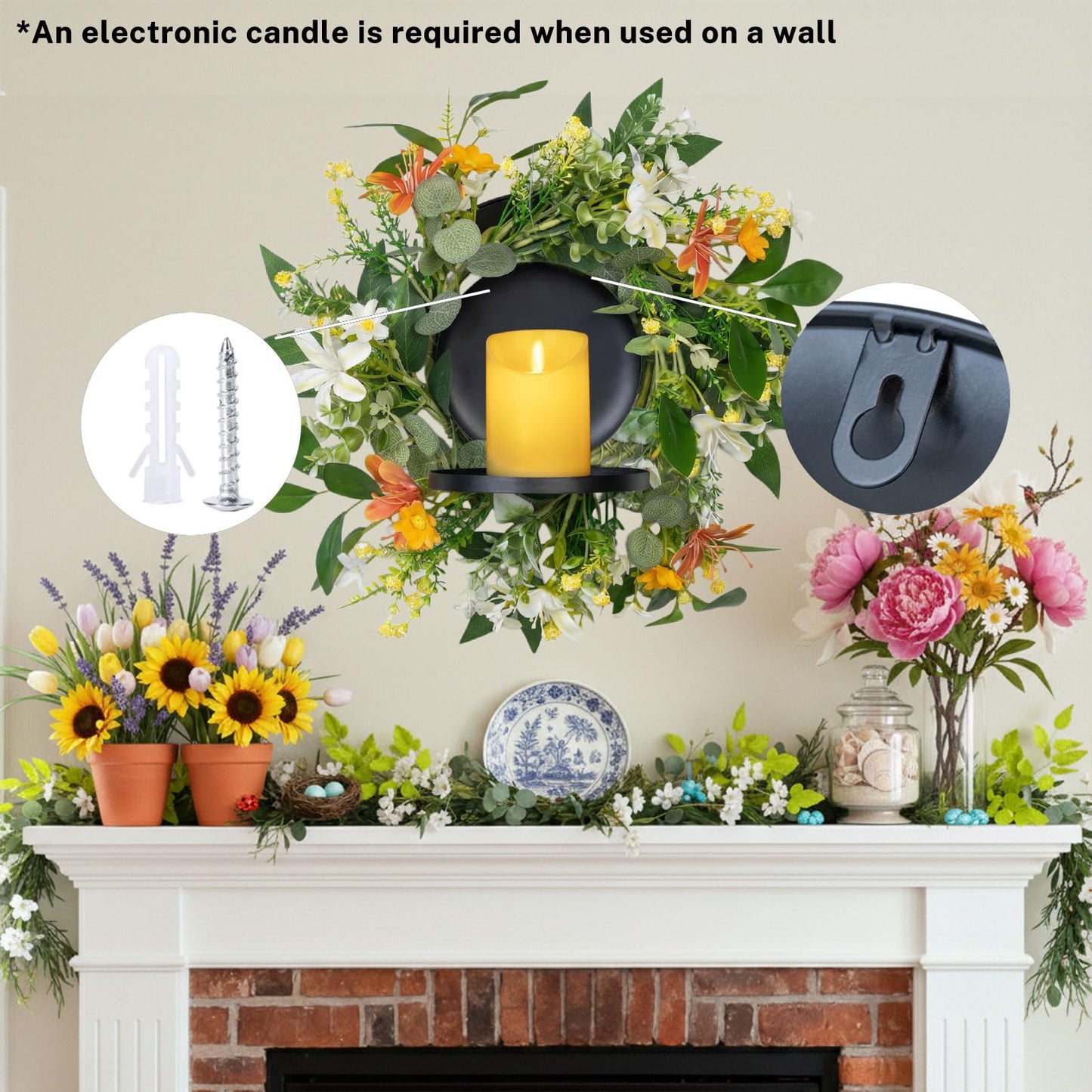MOYEE Summer Candle Holder Centerpieces for Tables,Candle Ring, Black Metal Candlestick with an Artificial Wreath 14 in Versatile Dining Table Centrepiece (Red Flower Green Leaf Wreath)