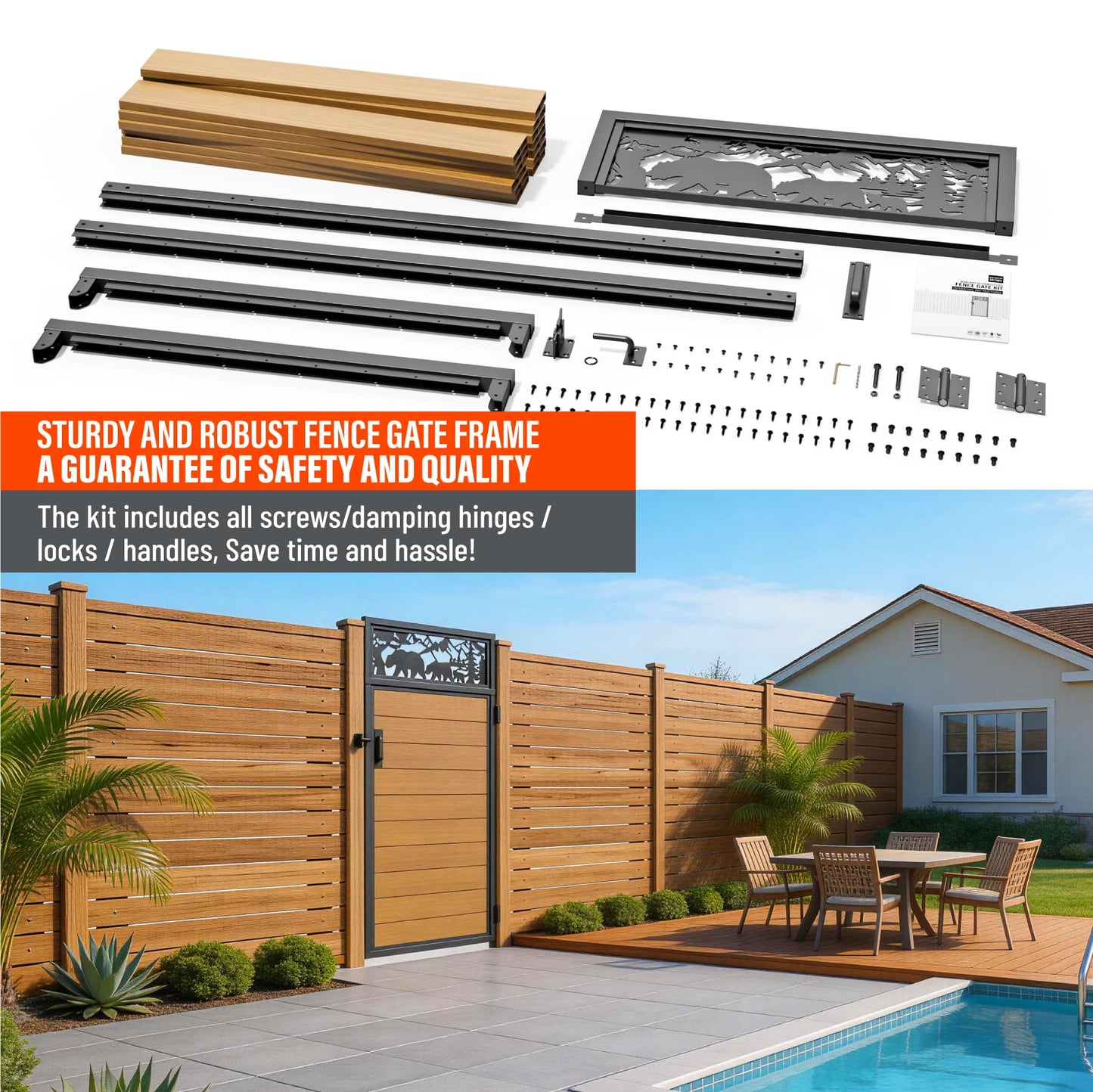 Uphode 3x6FT(34.8" x 70.8") 201 Stainless Steel Fence Gate Kit Heavy Duty, Anti Sag Metal Fence Gate Frame Kit with Board, Morden Garden Gate Hardware Kit Outdoor (Left/Right Free-Installation)