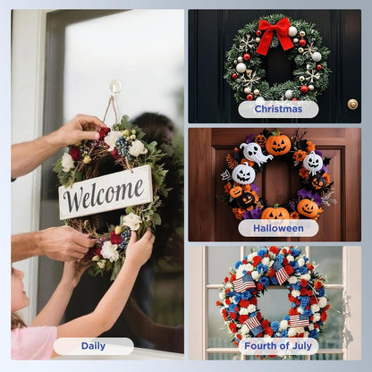 OUTXE Wreath Hanger for Front Door, Upgraded Suction Cup Reef Hook for Glass Window/Over Door, Christmas/Thanksgiving/Halloween/July 4th/Easter/Valentine/Spring/Summer/Fall (White, 4-Pack)