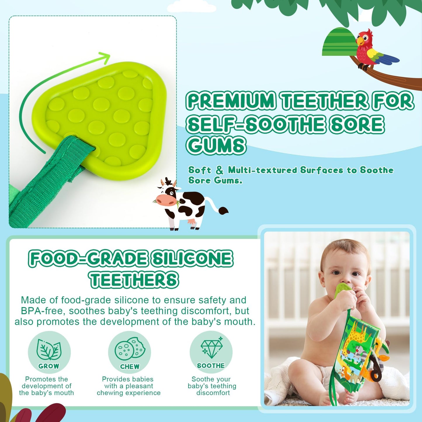 BBWOO Baby Book Toy 0-6 Months - Baby Boy Girl Shower Gift - Tummy Time Toy for Infant 6 to 12 Months - Touch and Feel Crinkle Book for Newborn Toddler with Teether - Easter Basket Essentials Stuffers