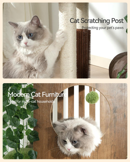 FourFurPets Large Cat Tree with Leaves, 72.8-Inch Cat Tower for Indoor Cats, Modern Cat Tree with Scratching Post, Large Perch, Tunnels, Swing Ball, Self Groomer, Greige