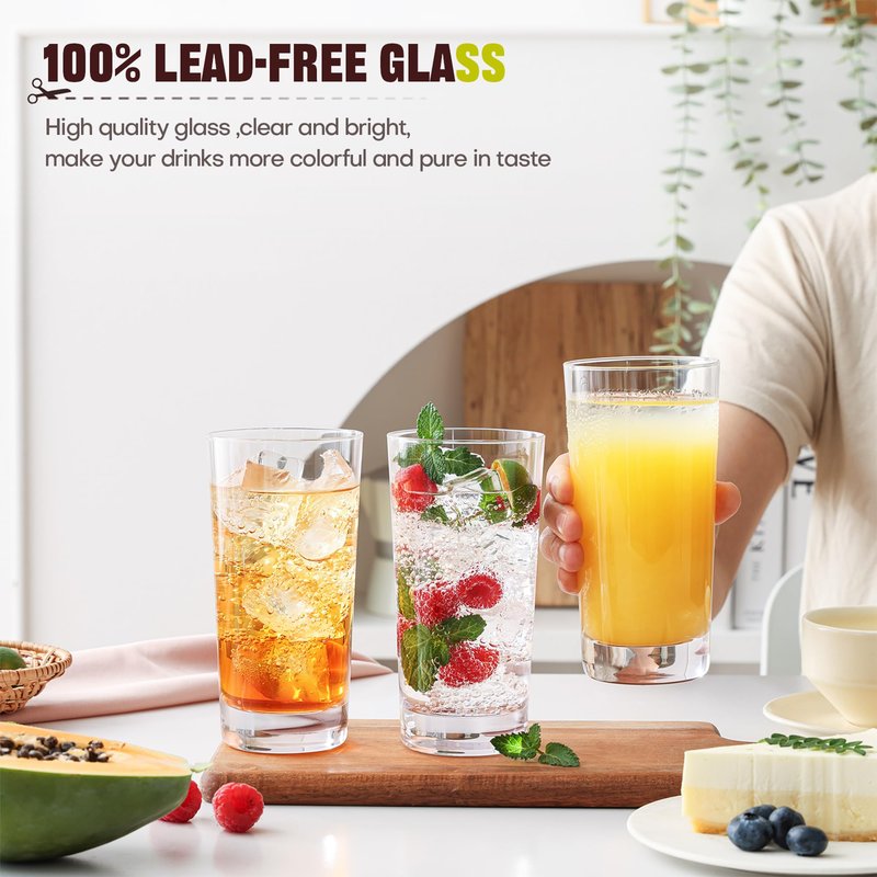 OUWO Highball Glasses Set of 6, 13oz Tall Drinking Glasses, Water Glass for Kitchen, Tom Collins Glasses, Mojito Glass Cups, Cocktail Glasses for Bar Glassware